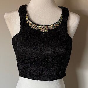 Vintage Y2K Masquerade Black Lace Tank Top Embellished witchy dark Crop Sz 7 EUC